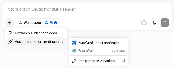 Das Plus-Menü mit Dateien & Bilder hochladen und Aus Integrationen anhängen