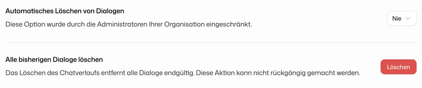 Abschnitt „Alle bisherigen Dialoge löschen“ mit der Löschen-Schaltfläche