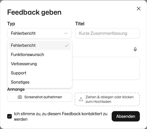 Dialog Feedback geben mit Typ, Titel, Beschreibung, Anhängen und Screenshot aufnehmen