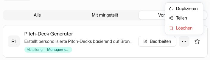 Menü auf der Karte einer Spezialanwendung mit Bearbeiten, Duplizieren, Teilen und Löschen