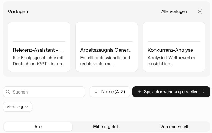 Übersicht der Spezialanwendungen mit den Tabs Alle, Mit mir geteilt und Von mir erstellt, dem Block Vorlagen und den Karten