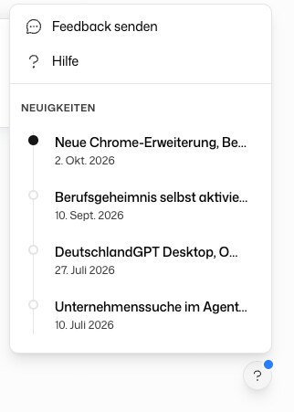Hilfemenü mit Feedback senden, Hilfe und Neuigkeiten