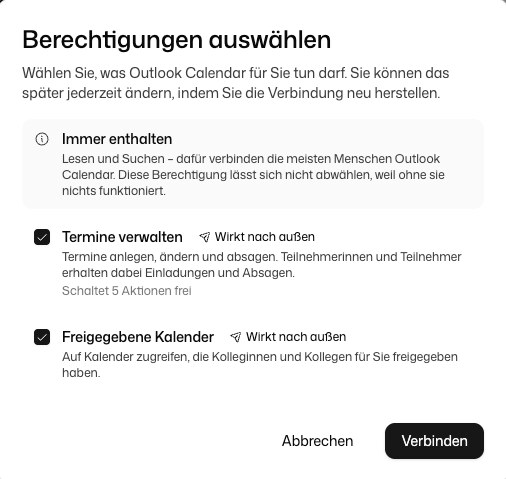 Dialog Berechtigungen auswählen für Outlook Calendar mit aktivierten Optionen Termine verwalten und Freigegebene Kalender