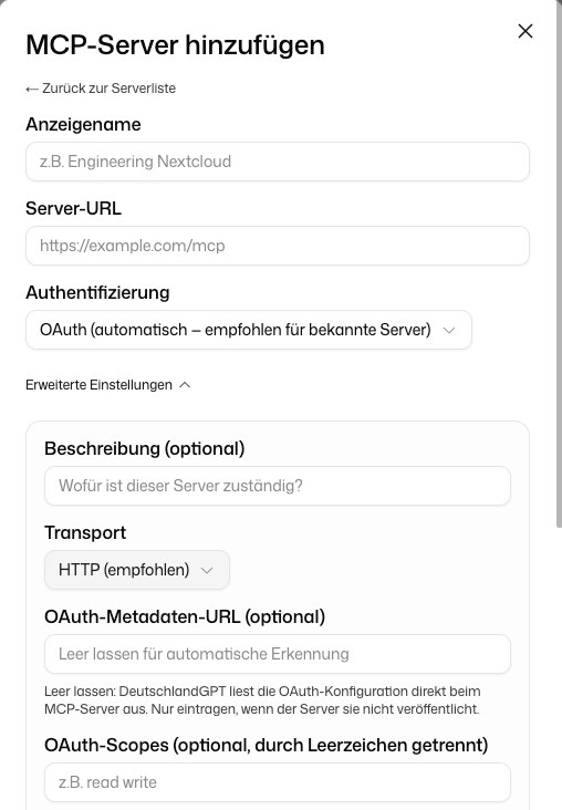Formular für einen eigenen MCP-Server mit Authentifizierung und erweiterten Einstellungen