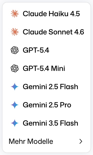 Modellauswahl mit Automatisch sowie Modellen von Claude, GPT und Gemini