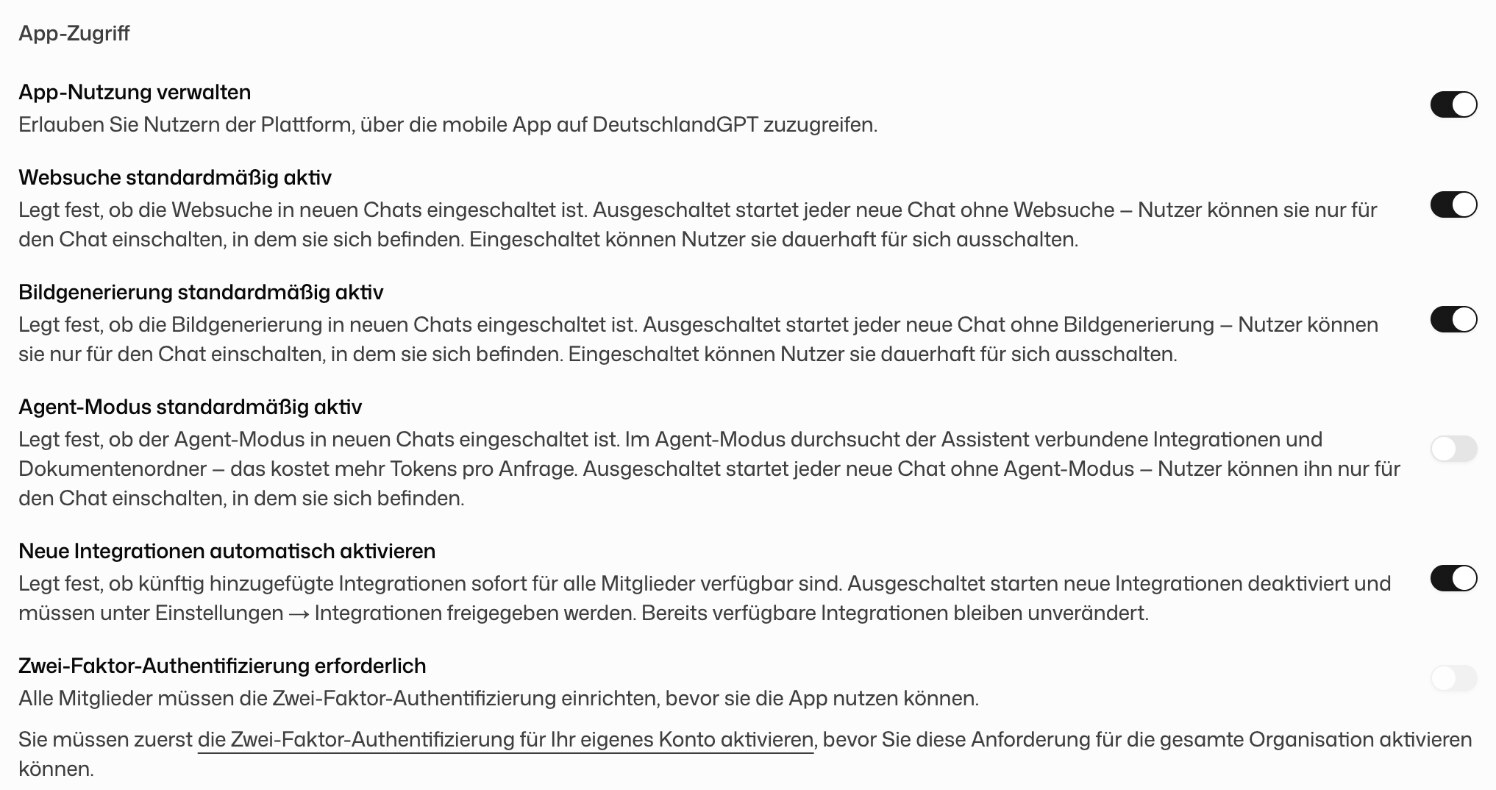 App access section with switches for mobile app, web search, image generation, agent mode, new integrations and required two-factor authentication