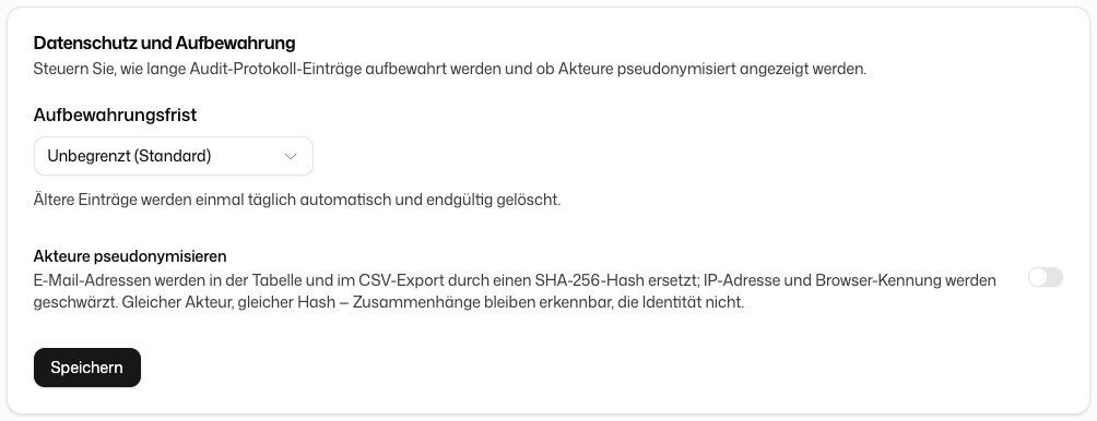 Einstellungen zur Aufbewahrungsfrist und Pseudonymisierung im Audit-Protokoll