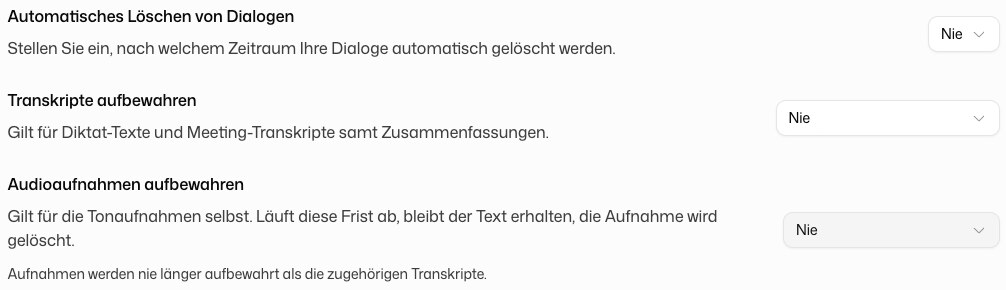 Daten & Aufbewahrung mit Fristen für Dialoge, Transkripte und Audioaufnahmen