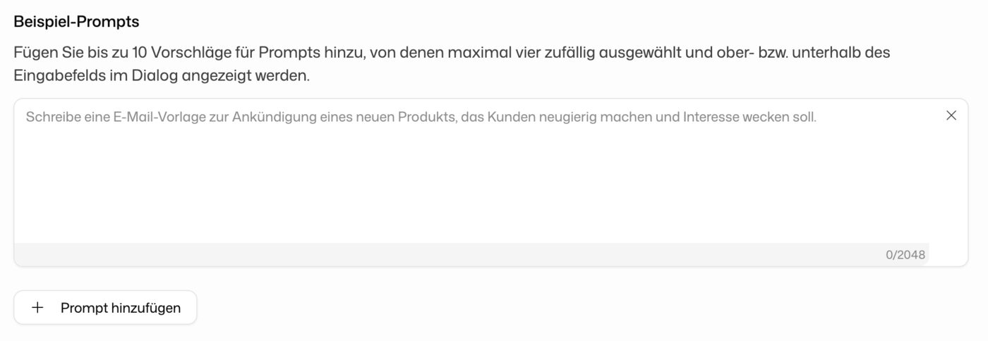 Einstellung der Beispiel-Prompts mit einem Prompt-Vorschlag und der Schaltfläche zum Hinzufügen