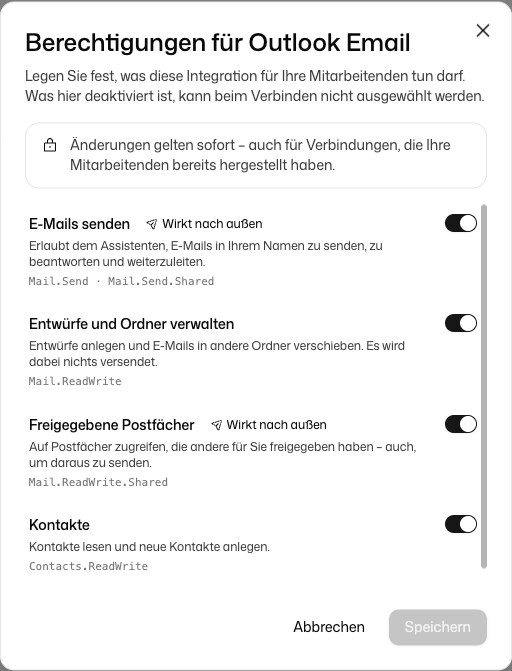 Dialog Berechtigungen für eine Integration mit nach außen wirkenden Rechten