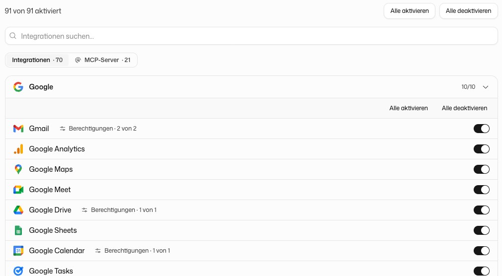 Integrationen der Organisation als Tabelle mit Filtern, Schaltern und Berechtigungen je Integration