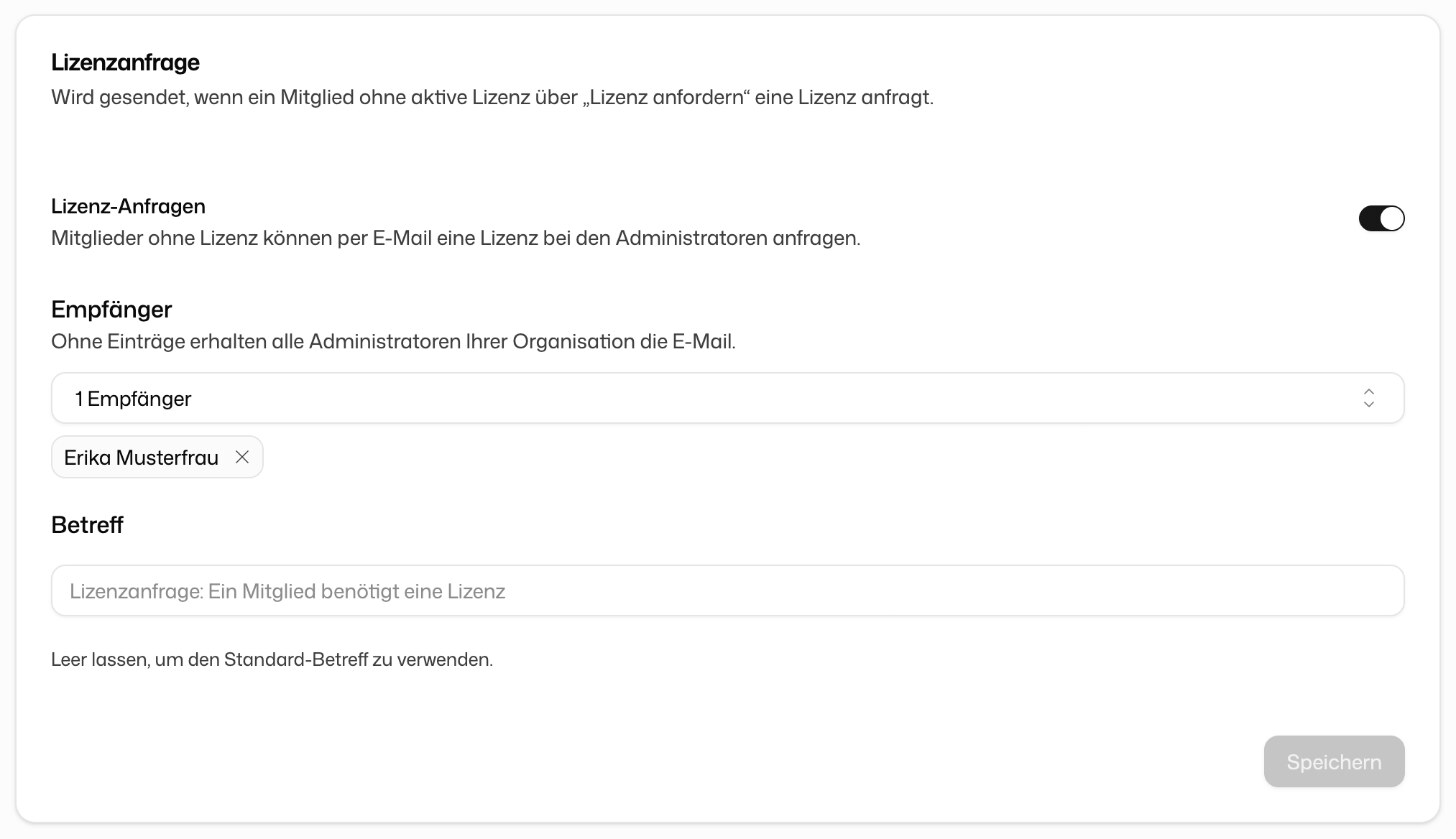 Benachrichtigung Lizenzanfrage mit Schalter, Empfängern und Betreff