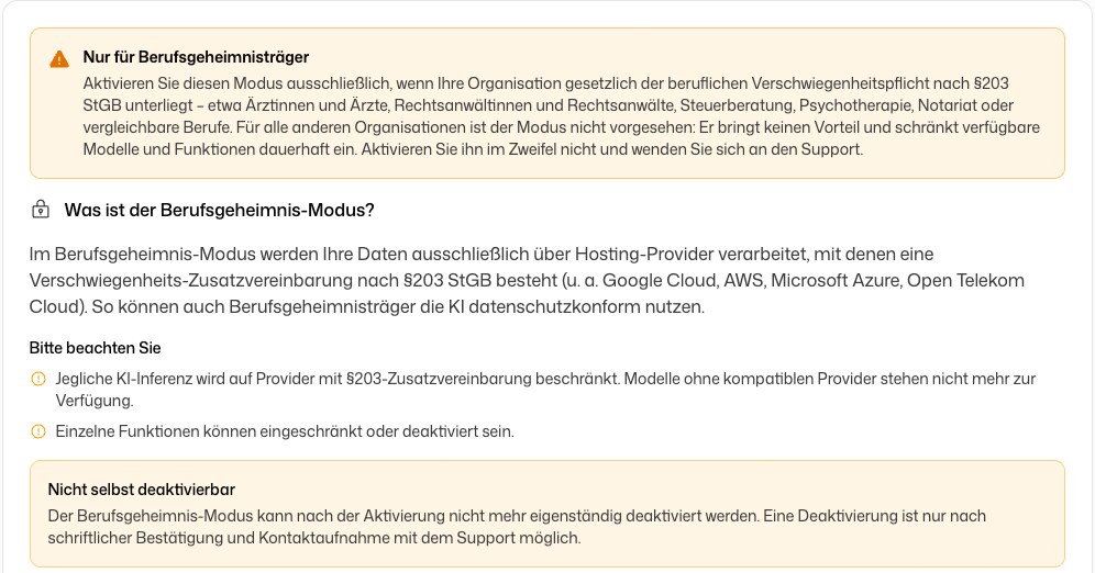 Seite Berufsgeheimnis (§203) mit Hinweisen vor der Aktivierung