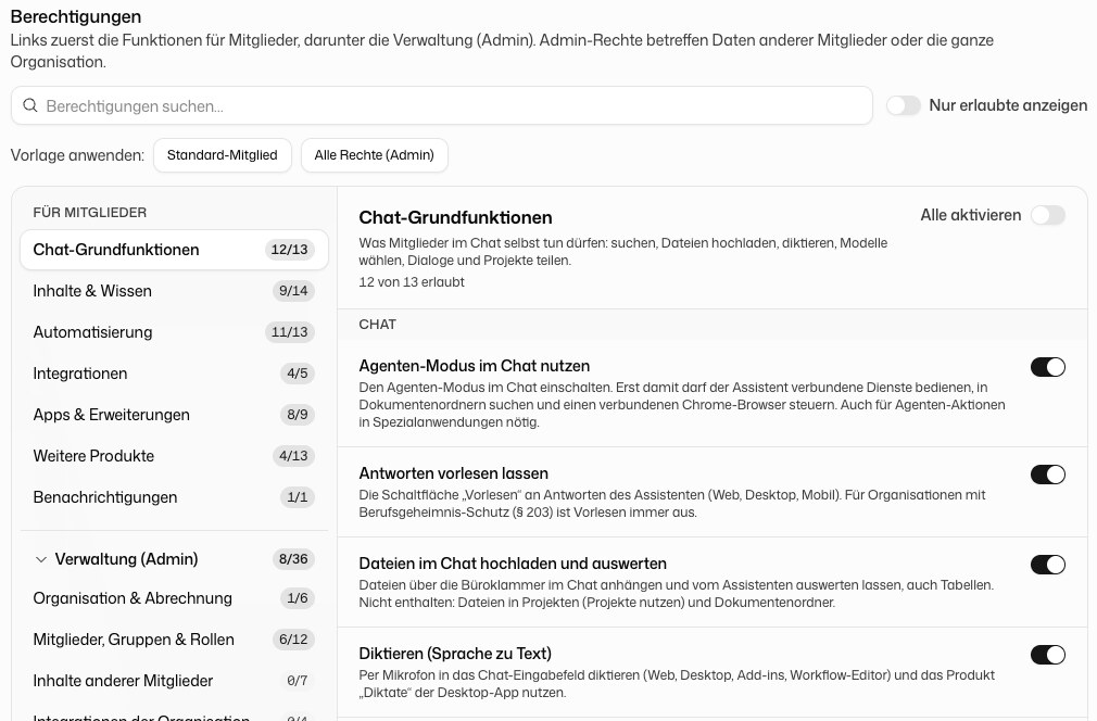 Berechtigungseditor einer Rolle mit Vorlagen, Suche und den Bereichen für Mitglieder und Verwaltung