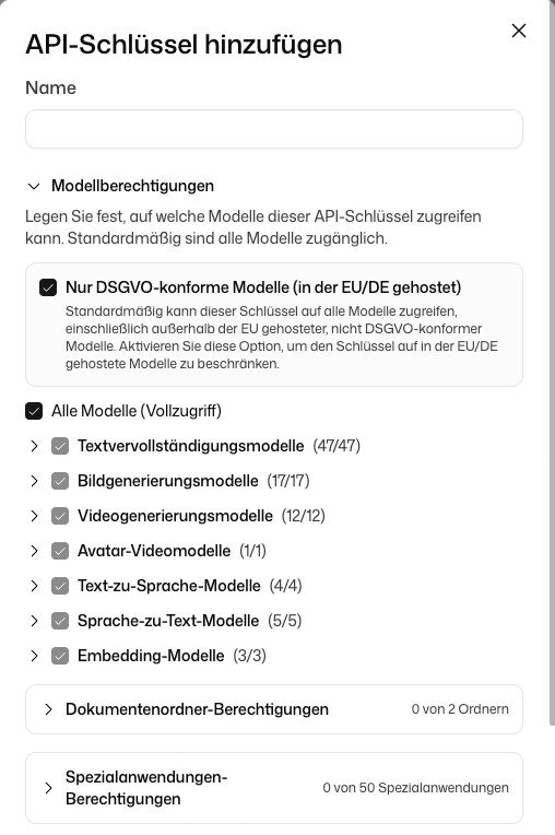 Dialog zum Anlegen eines API-Schlüssels mit Modellauswahl, Berechtigungen und Ausgabenlimit