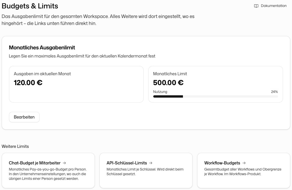Budgets und Limits mit monatlichem Limit des Arbeitsbereichs und Verweisen auf weitere Limits