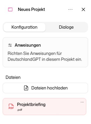 Projektseitenleiste mit Projektname, Anweisungen, Dateien und Neuer Dialog im Projekt