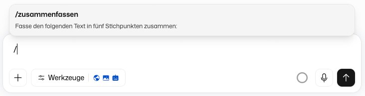 Chat-Eingabefeld mit getipptem Schrägstrich und der Liste passender Prompt-Vorlagen