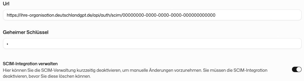SCIM-Bereitstellung mit URL, geheimem Schlüssel und Schalter zum Pausieren
