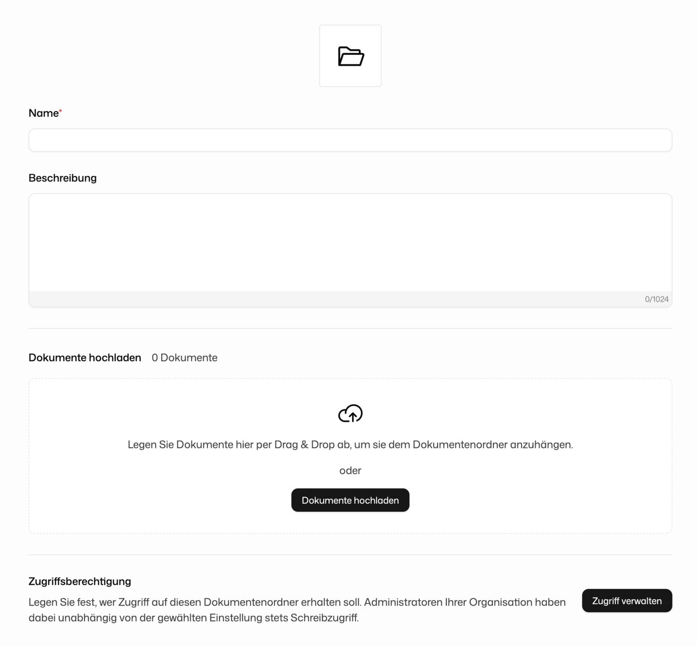Formular zum Erstellen eines Ordners mit Name, Beschreibung und Upload-Bereich