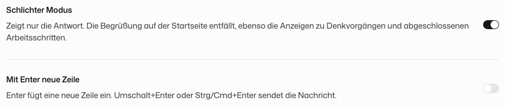 Schalter Schlichter Modus und Mit Enter neue Zeile