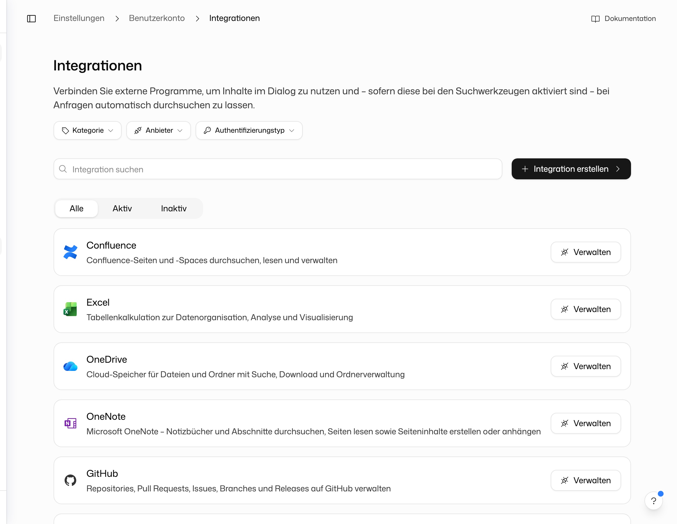 Integrationsübersicht mit Filtern und Integrationskarten