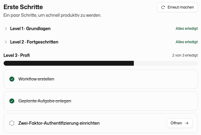 Checkliste Erste Schritte mit den Leveln Grundlagen, Fortgeschritten und Profi