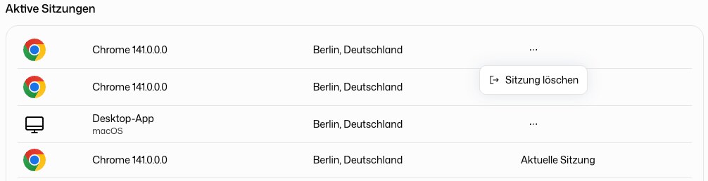 Tabelle Aktive Sitzungen mit der aktuellen Sitzung und dem Menü Sitzung löschen bei einer anderen Zeile