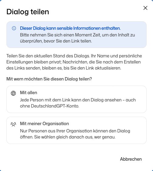Dialog Dialog teilen mit der Wahl zwischen Mit allen und Mit meiner Organisation