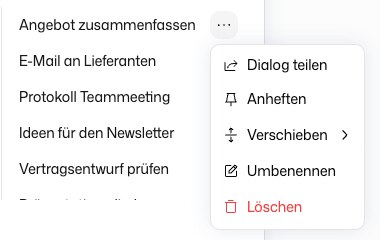 Dialog-Menü in der Seitenleiste mit Dialog teilen, Anheften, Verschieben, Umbenennen und Löschen