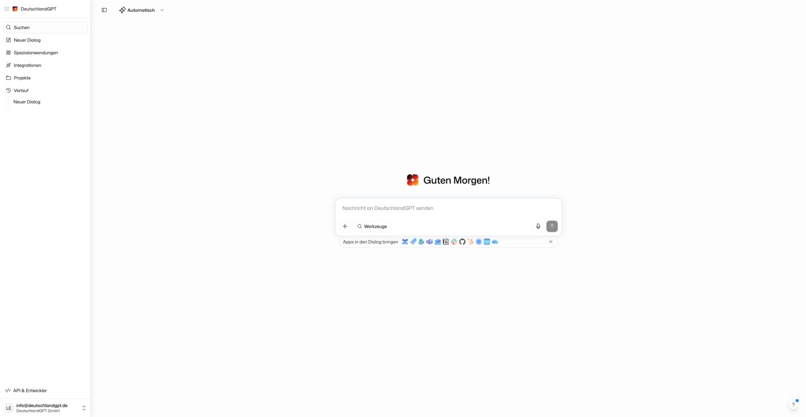 DeutschlandGPT-Oberfläche mit der linken Seitenleiste: Suche, Neuer Dialog, Spezialanwendungen, Integrationen, Projekte und Verlauf