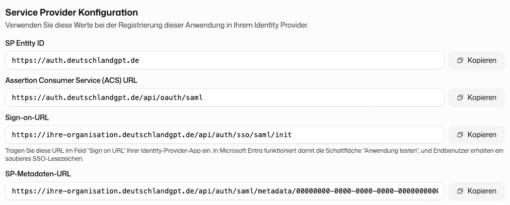 Service-Provider-Werte für die Eintragung im Identity Provider