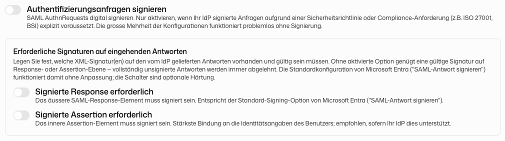 Einstellungen für signierte SAML-Anfragen und erforderliche Signaturen