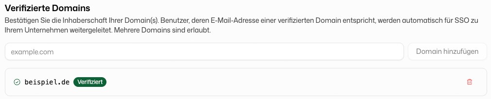Verifizierte Domains mit Status und DNS-TXT-Eintrag