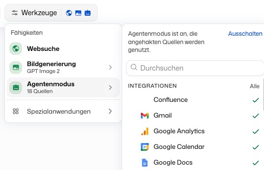 Quellenliste des Agentenmodus mit einem Häkchen für jede Integration und jeden Dokumentenordner