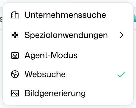 Werkzeuge-Menü mit Unternehmenssuche, Spezialanwendungen, Agent-Modus, Websuche und Bildgenerierung