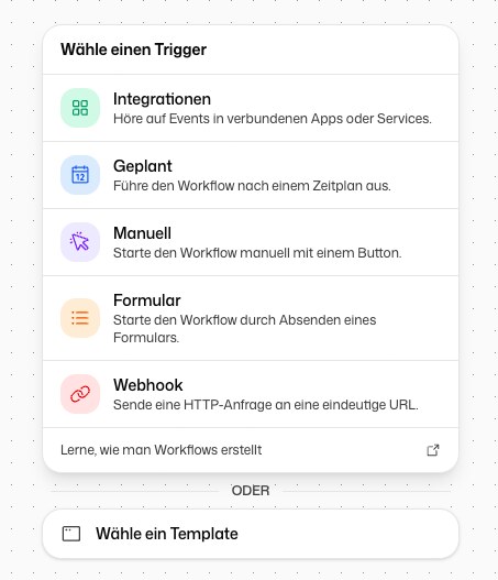 Leere Arbeitsfläche mit der Auswahl des Triggers: Integrationen, Geplant, Manuell, Formular und Webhook