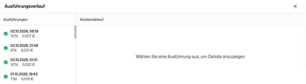 Ausführungsverlauf mit vergangenen Läufen, Status, Dauer und Kosten