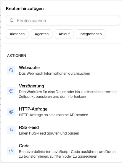 Knotenauswahl mit den Kategorien Trigger, Aktionen, Agenten, Ablauf und Integrationen