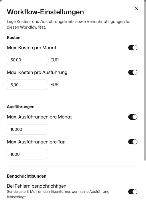 Workflow-Einstellungen mit Kosten- und Ausführungslimits sowie Benachrichtigung bei Fehlern