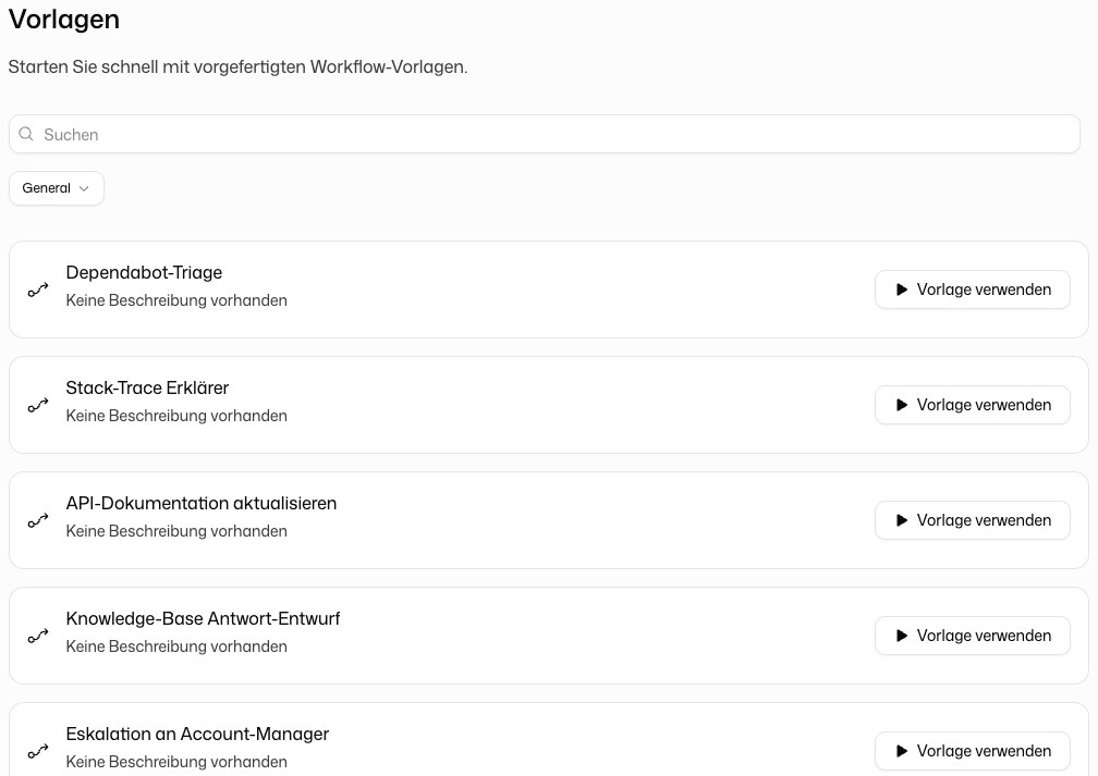 Detailansicht einer Workflow-Vorlage mit Tags, Knotenanzahl und Vorlage verwenden