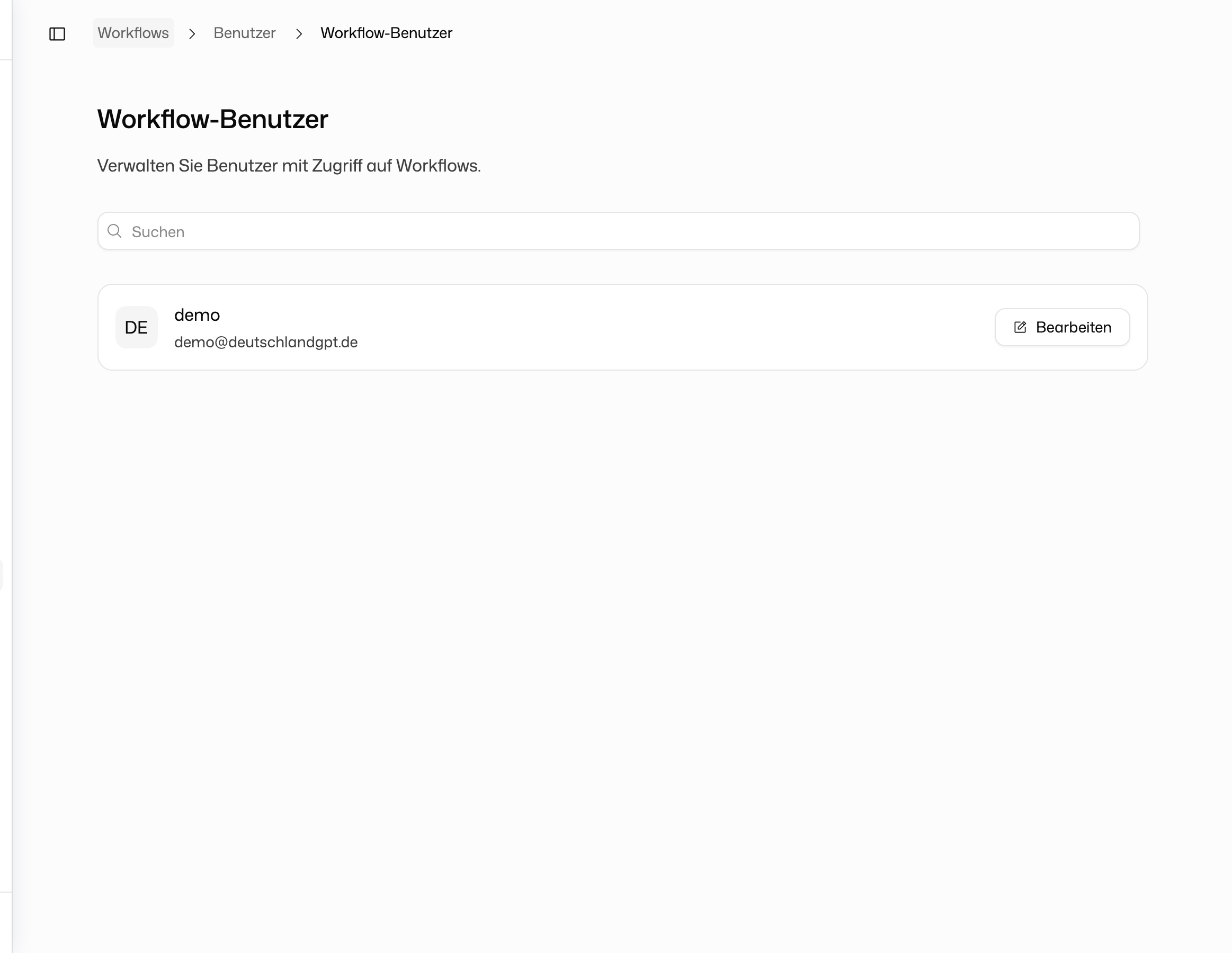 Liste der Workflow-Benutzer mit Suche und Bearbeiten-Schaltfläche